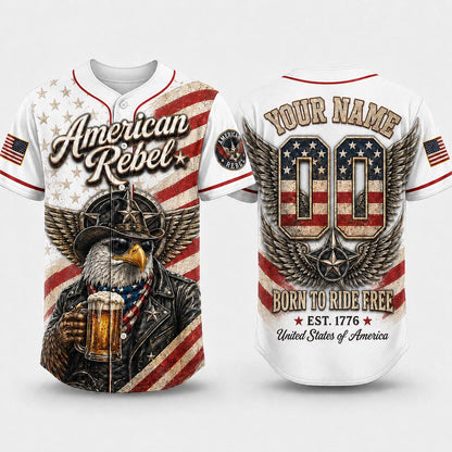 American Rebel Baseball Jersey, Custom Patriotic Eagle Jersey, USA Shirt, Born To Ride Free Biker Jersey, 4th Of July Gift For Men | JH34