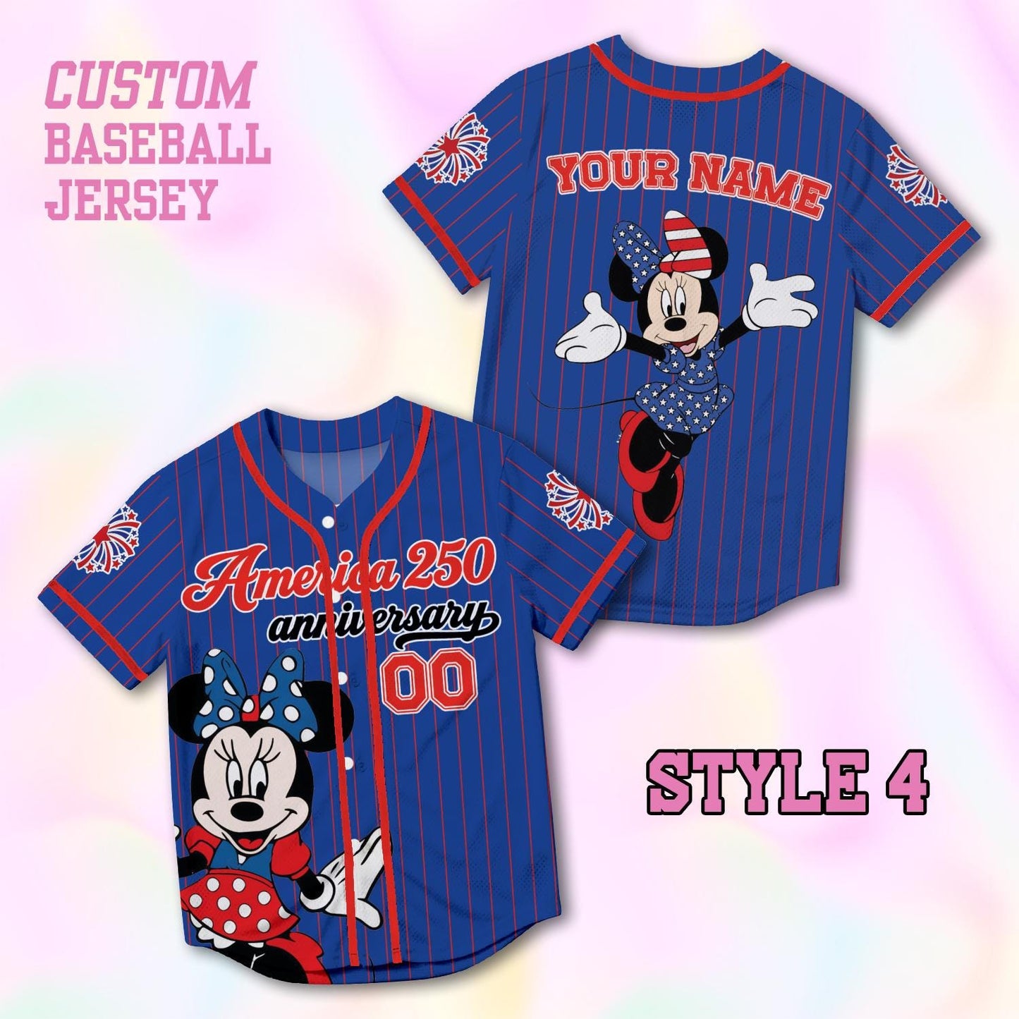 Custom Minnie America 250th Anniversary Baseball Jersey, Personalized Disney 4th of July Shirt, Patriotic Mouse Independence Day Gift Tee | WL27