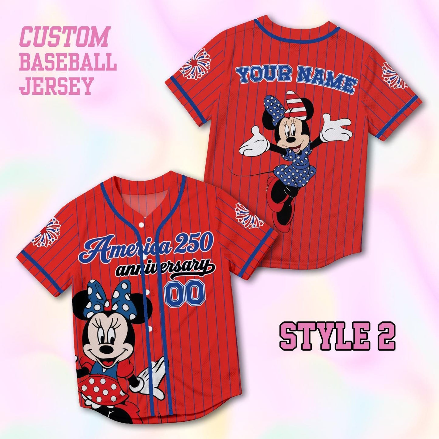 Custom Minnie America 250th Anniversary Baseball Jersey, Personalized Disney 4th of July Shirt, Patriotic Mouse Independence Day Gift Tee | WL27