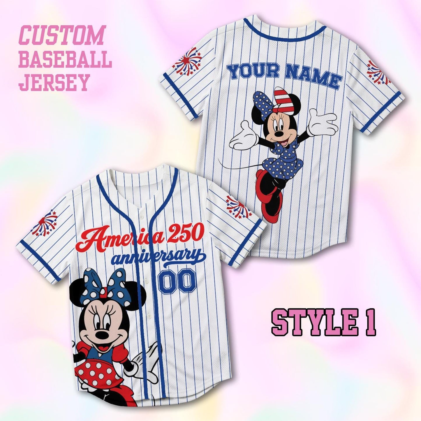 Custom Minnie America 250th Anniversary Baseball Jersey, Personalized Disney 4th of July Shirt, Patriotic Mouse Independence Day Gift Tee | WL27