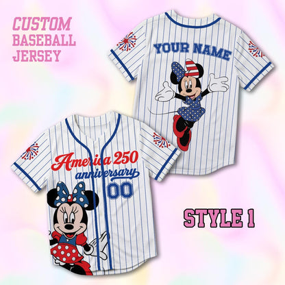 Custom Minnie America 250th Anniversary Baseball Jersey, Personalized Disney 4th of July Shirt, Patriotic Mouse Independence Day Gift Tee | WL27