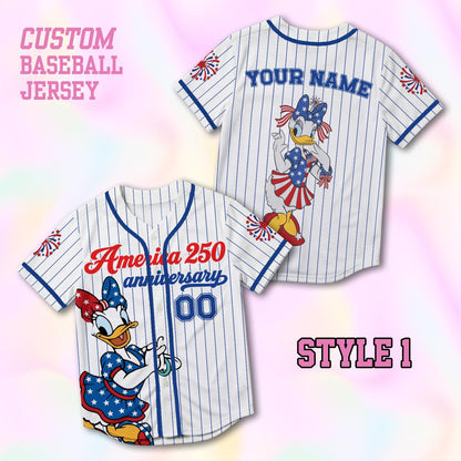 Custom Daisy America 250th Anniversary Baseball Jersey, Personalized Disney 4th of July Shirt, Patriotic Duck Independence Day Gift Tee | QV27
