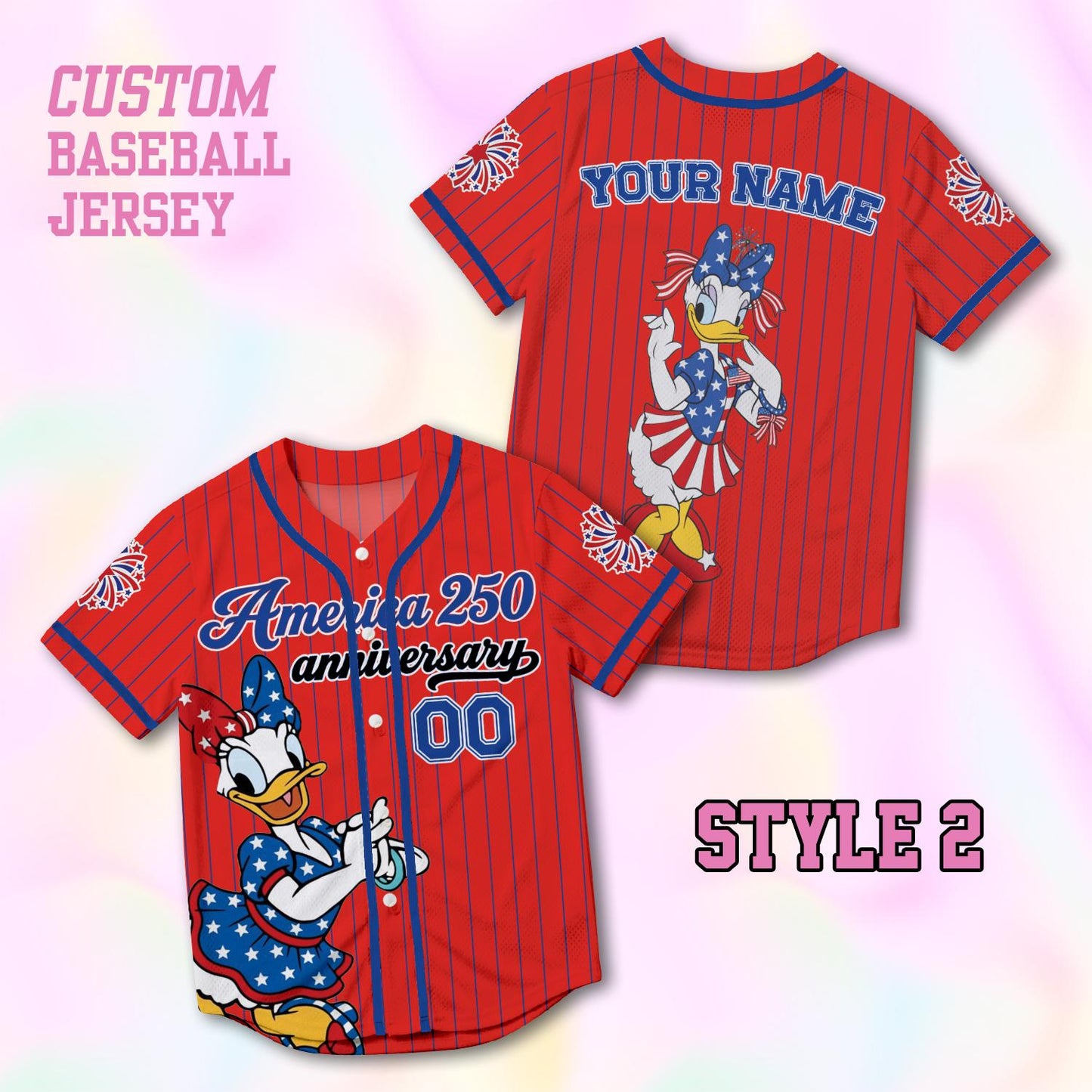 Custom Daisy America 250th Anniversary Baseball Jersey, Personalized Disney 4th of July Shirt, Patriotic Duck Independence Day Gift Tee | QV27