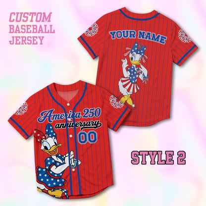Custom Daisy America 250th Anniversary Baseball Jersey, Personalized Disney 4th of July Shirt, Patriotic Duck Independence Day Gift Tee | QV27