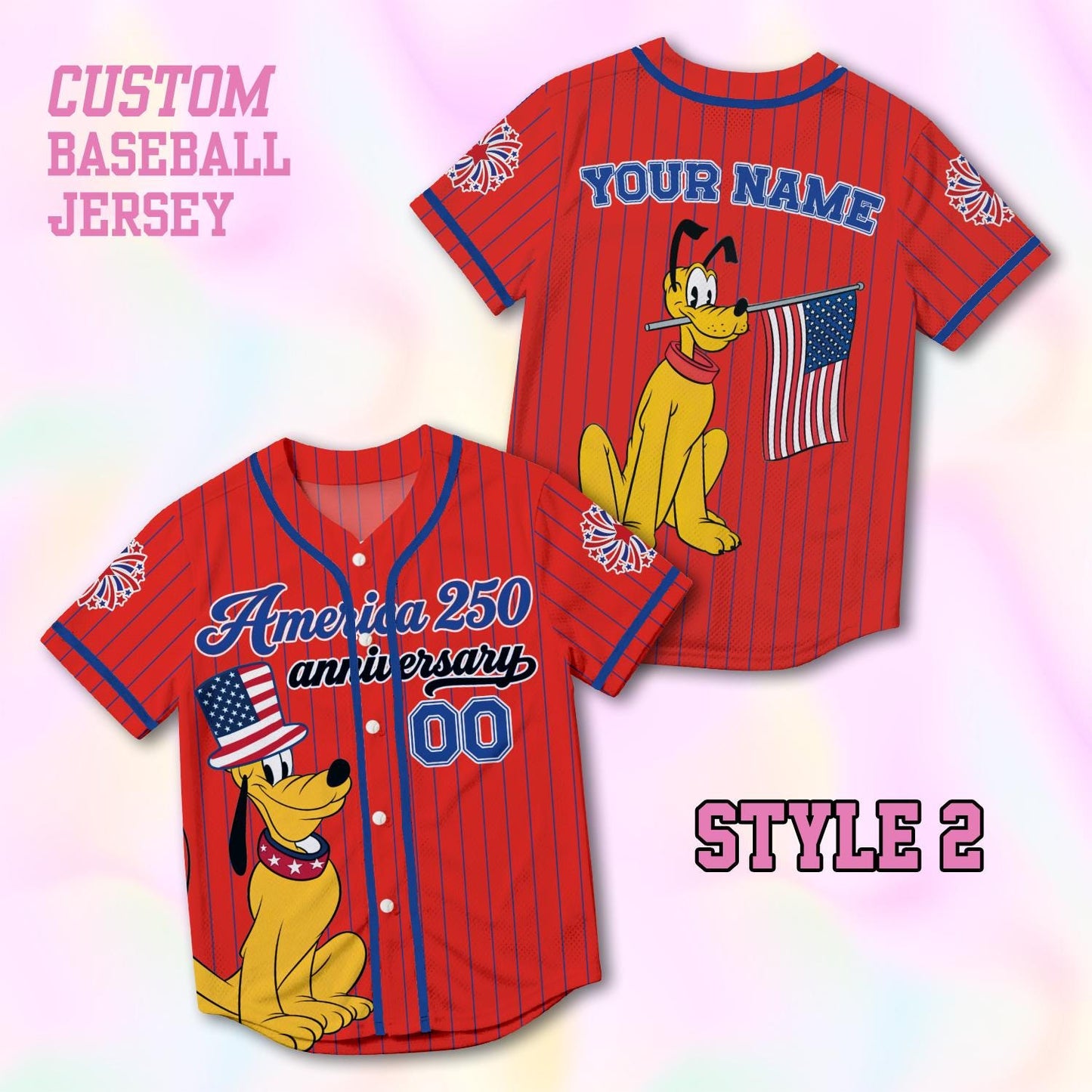 Custom Pluto America 250th Anniversary Baseball Jersey, Personalized Disney 4th of July Shirt, Patriotic Dog Independence Day Gift Tee | MP81