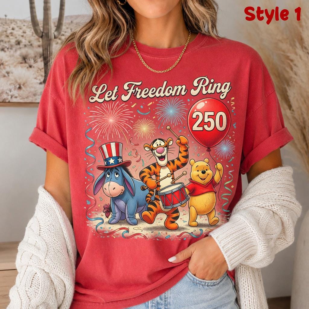 Comfort Colors Pooh Tigger Eeyore Shirt, Let Freedom Ring 250 Tee, Disney Patriotic Fourth Of July Gift Shirt | DB70