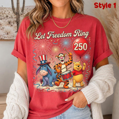 Comfort Colors Pooh Tigger Eeyore Shirt, Let Freedom Ring 250 Tee, Disney Patriotic Fourth Of July Gift Shirt | DB70