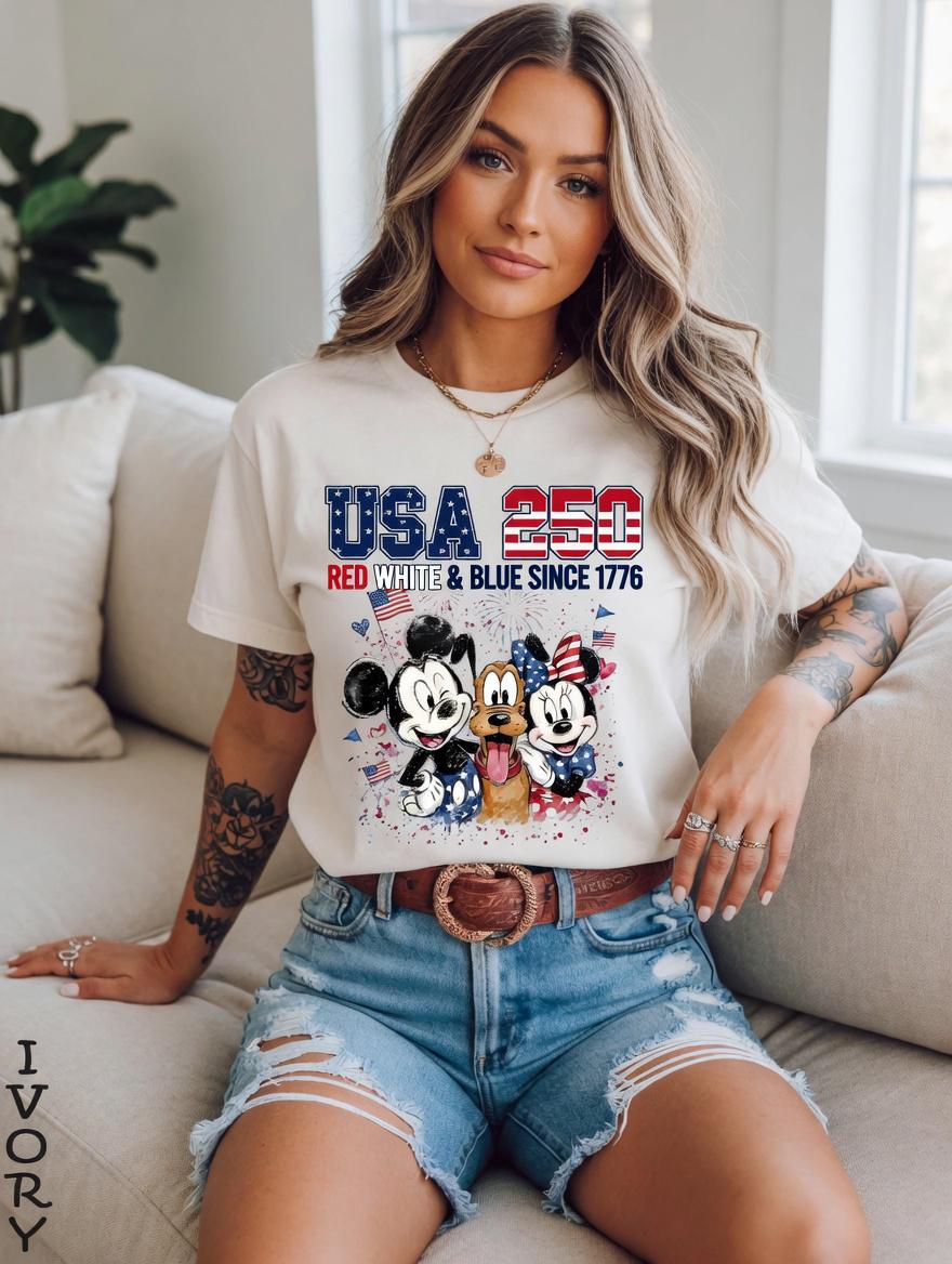 USA 250 Mickey Friends Shirt, Disney Comfort Colors Tee, Red White Blue Since 1776 Patriotic 4th of July Shirt for Women | LY95