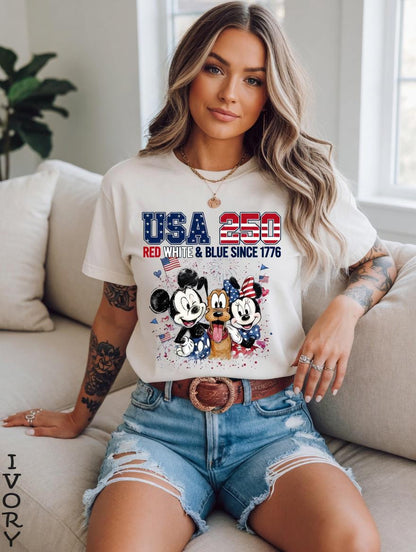 USA 250 Mickey Friends Shirt, Disney Comfort Colors Tee, Red White Blue Since 1776 Patriotic 4th of July Shirt for Women | LY95