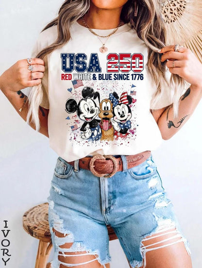 USA 250 Mickey Friends Shirt, Disney Comfort Colors Tee, Red White Blue Since 1776 Patriotic 4th of July Shirt for Women | LY95