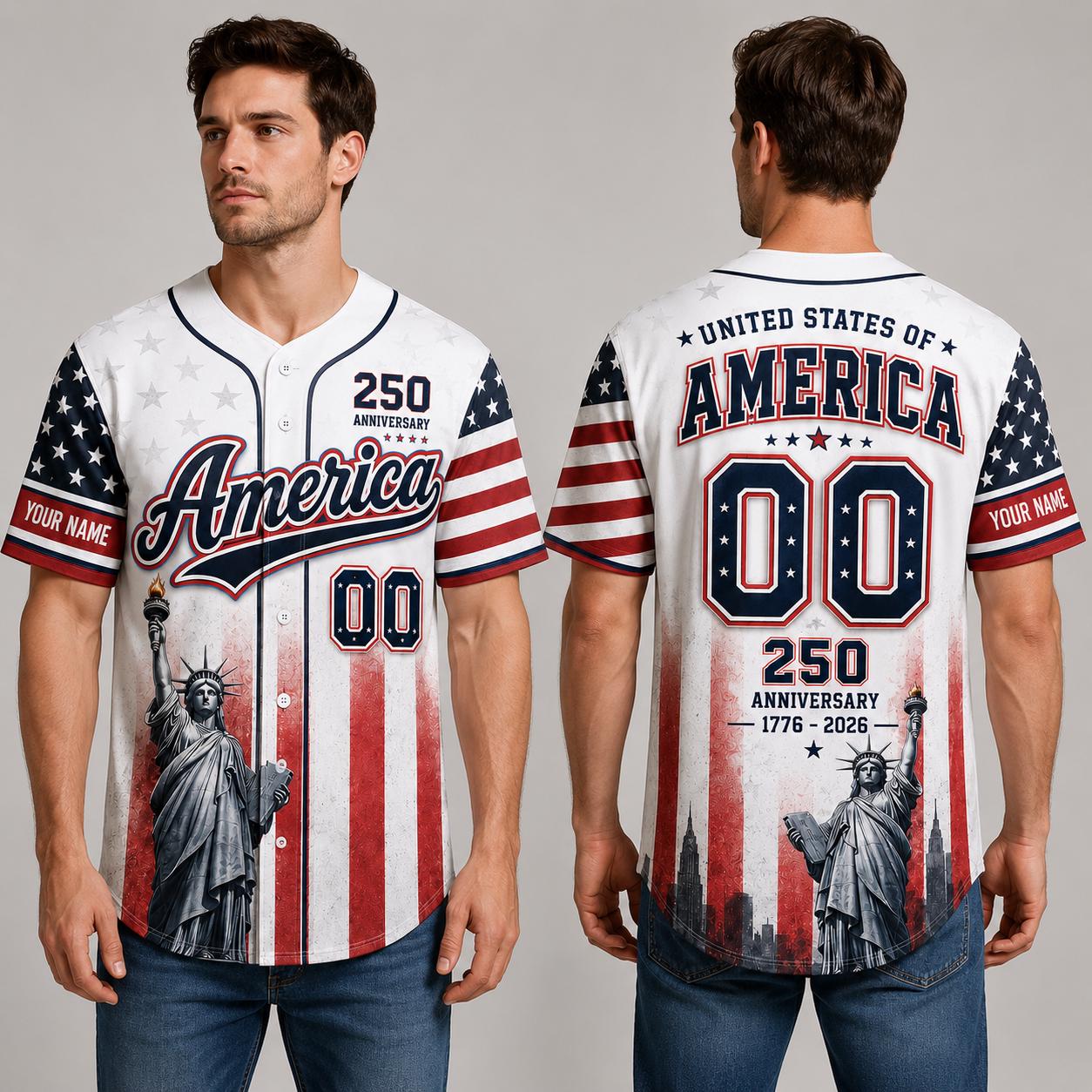 America 250 Baseball Jersey, Custom Name Patriotic Jersey, USA 1776 2026 Anniversary Shirt, Statue of Liberty American Flag Jersey Gift | VA35