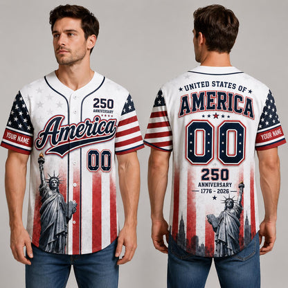 America 250 Baseball Jersey, Custom Name Patriotic Jersey, USA 1776 2026 Anniversary Shirt, Statue of Liberty American Flag Jersey Gift | VA35