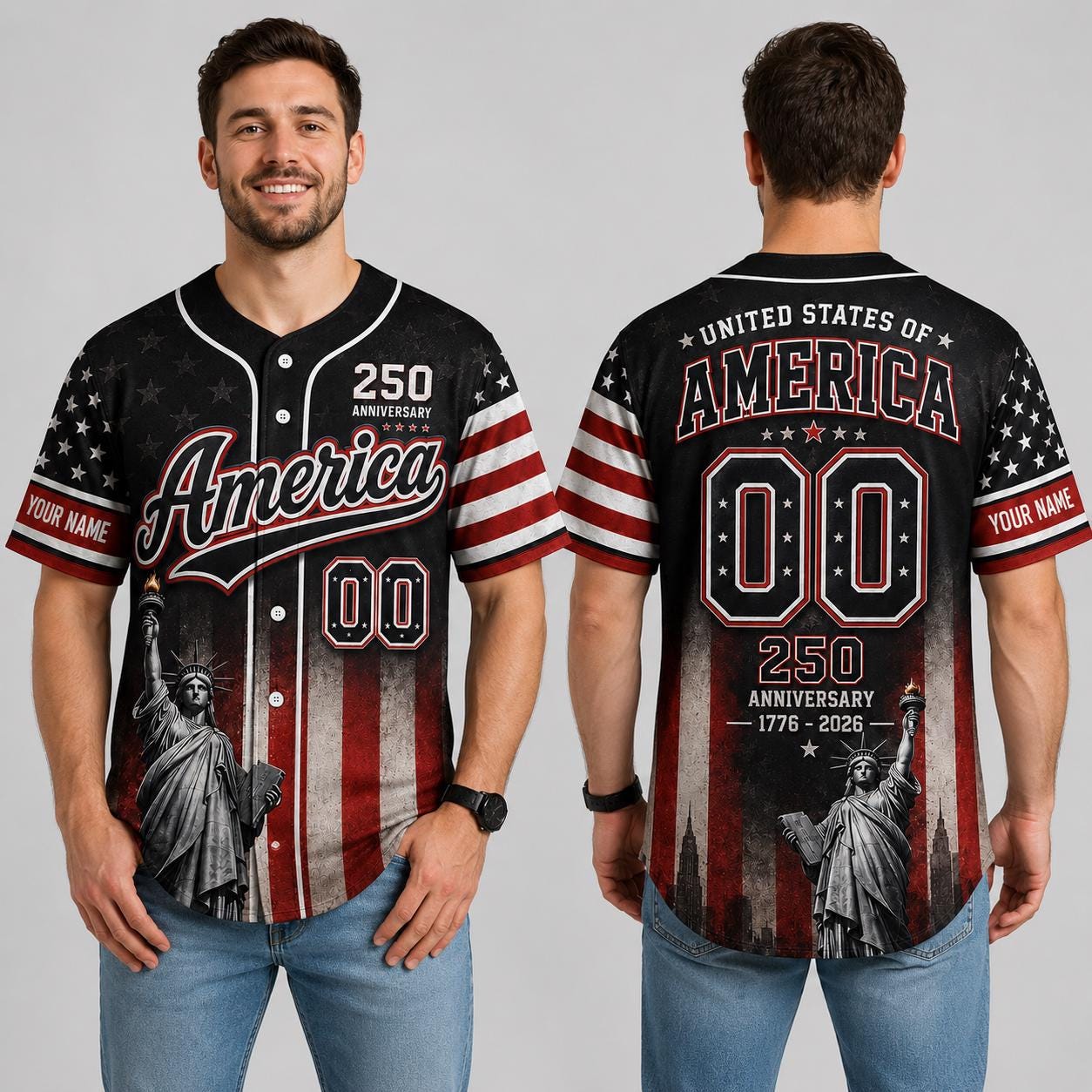 America 250 Baseball Jersey, Custom Name Patriotic Jersey, USA 1776 2026 Anniversary Shirt, Statue of Liberty American Flag Jersey Gift | VA35