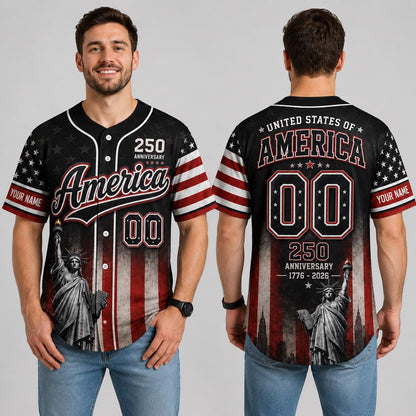 America 250 Baseball Jersey, Custom Name Patriotic Jersey, USA 1776 2026 Anniversary Shirt, Statue of Liberty American Flag Jersey Gift | VA35