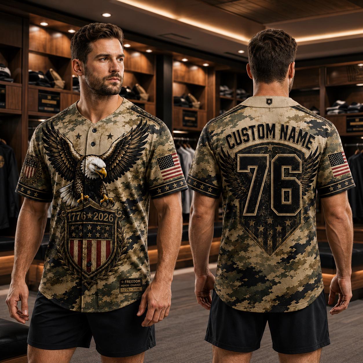 Custom Patriotic Baseball Jersey, Personalized Eagle American Flag Camo Jersey, USA 250th Anniversary Shirt, Military Style | EF62
