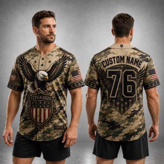 Custom Patriotic Baseball Jersey, Personalized Eagle American Flag Camo Jersey, USA 250th Anniversary Shirt, Military Style | EF62