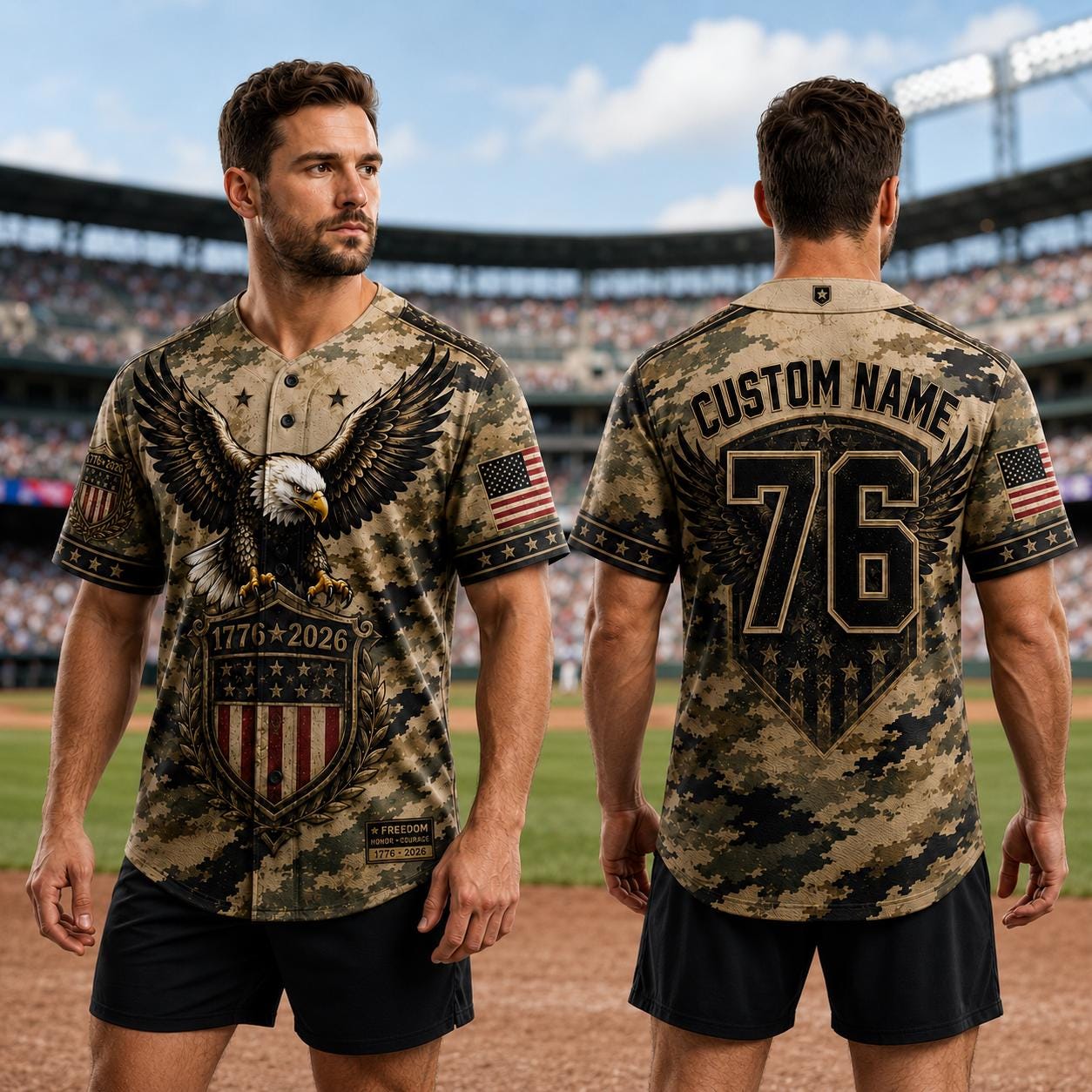 Custom Patriotic Baseball Jersey, Personalized Eagle American Flag Camo Jersey, USA 250th Anniversary Shirt, Military Style | EF62