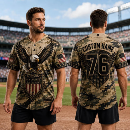 Custom Patriotic Baseball Jersey, Personalized Eagle American Flag Camo Jersey, USA 250th Anniversary Shirt, Military Style | EF62