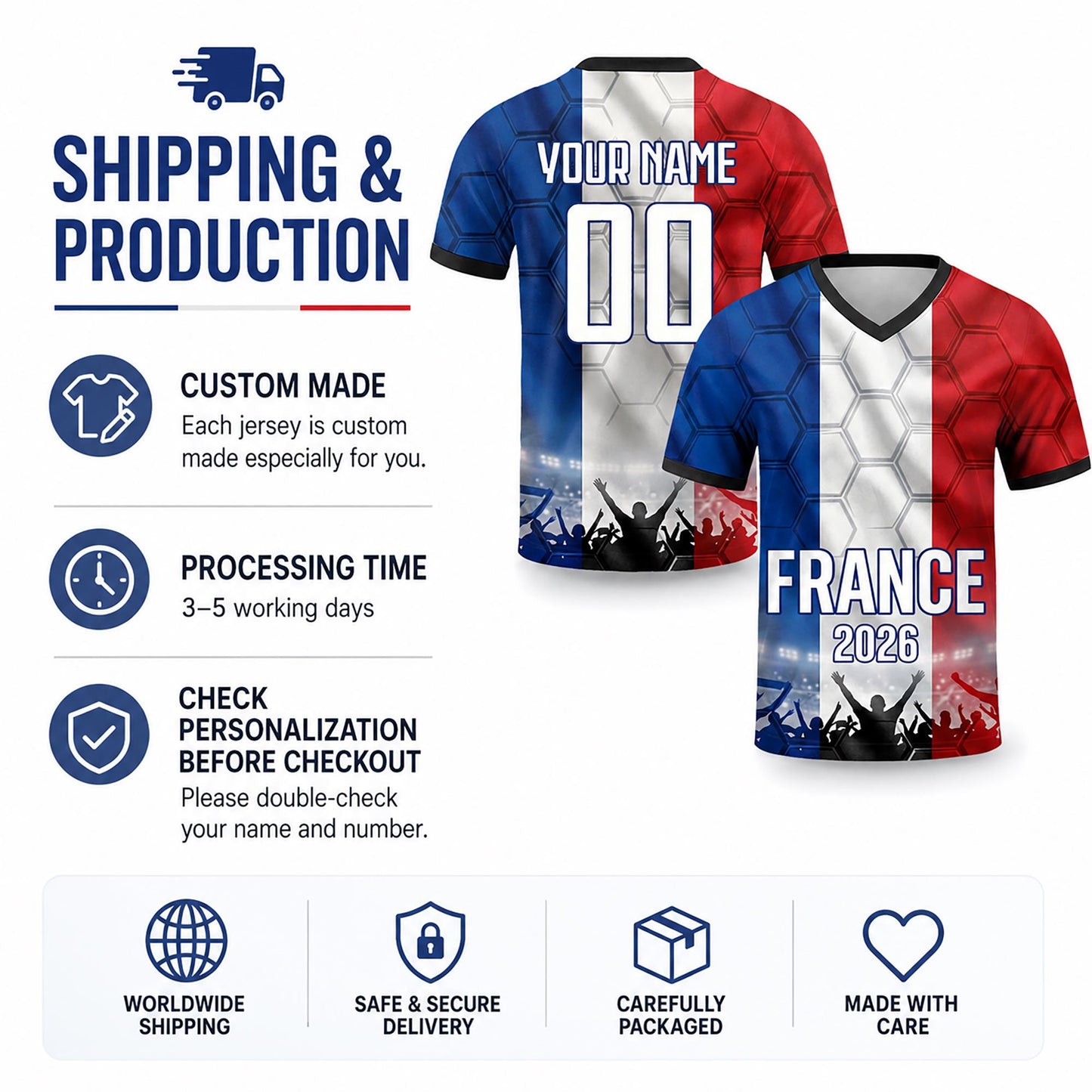 Custom France Soccer Jersey 2026 World Cup, Personalized Name Number Shirt for Men Women Kids, France Fan Apparel Gift | GM99