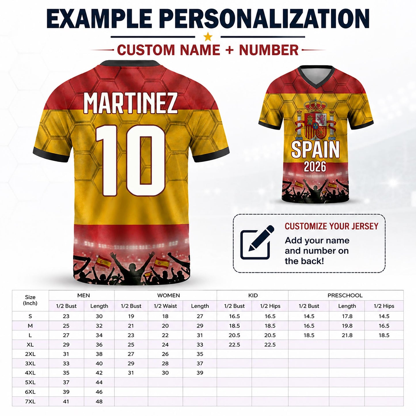 Custom Spain Soccer Jersey 2026 World Cup, Personalized Name Number Shirt for Men Women Kids, Spain Fan Apparel Gift | OP68