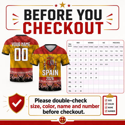 Custom Spain Soccer Jersey 2026 World Cup, Personalized Name Number Shirt for Men Women Kids, Spain Fan Apparel Gift | OP68