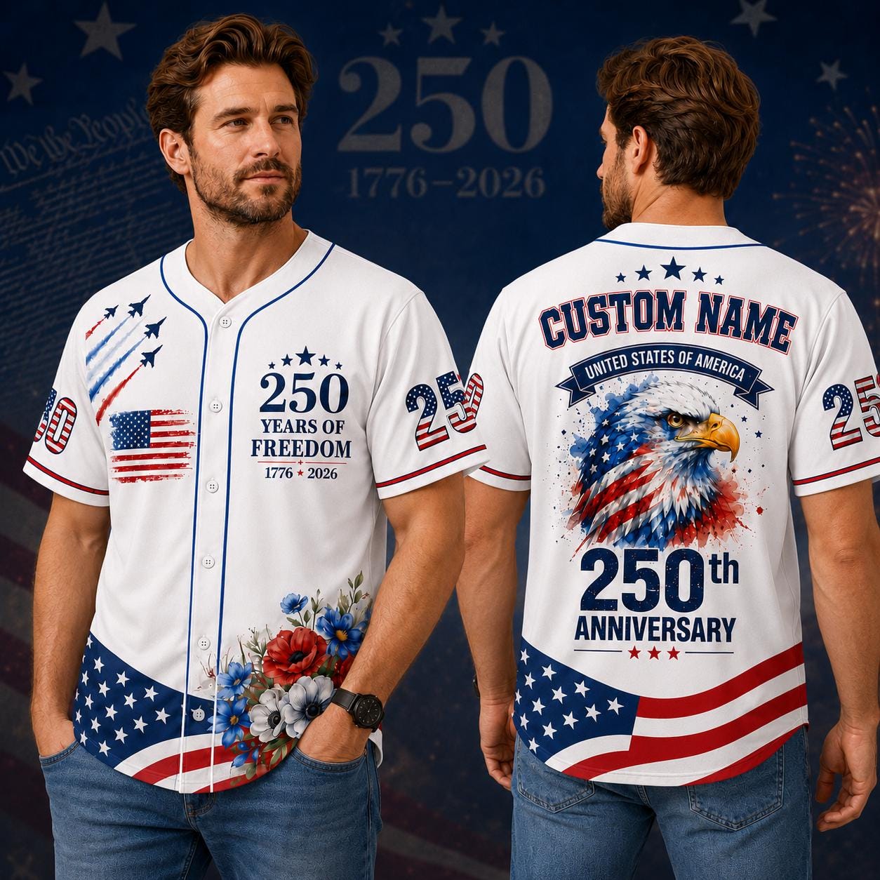 Custom 250th Anniversary Baseball Jersey, 1776 2026 America Shirt, Patriotic Eagle American Flag Shirt, Personalized US Semiquincentennial | PP83