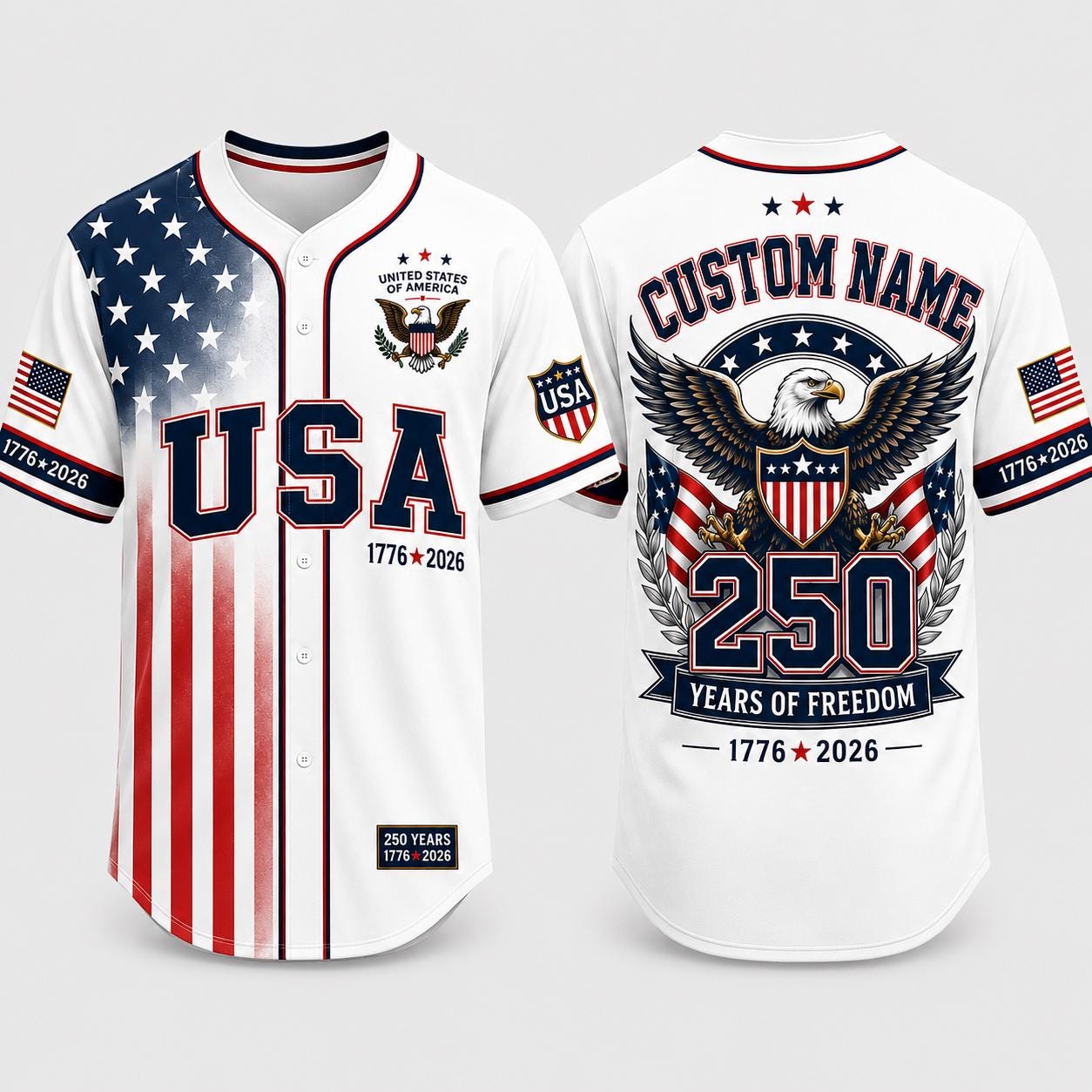America 250th Anniversary Baseball Jersey, Custom Name USA Jersey, 1776 2026 Eagles Shirt, 4th of July Gift, Freedom Jersey | BW72