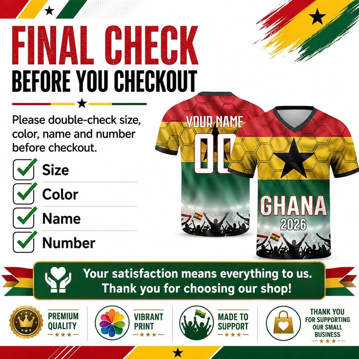 Custom Ghana Soccer Jersey 2026 World Cup, Personalized Name Number Shirt for Men Women Kids, Ghana Fan Apparel Gift | XH33