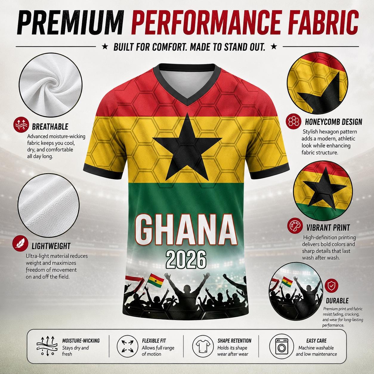 Custom Ghana Soccer Jersey 2026 World Cup, Personalized Name Number Shirt for Men Women Kids, Ghana Fan Apparel Gift | XH33