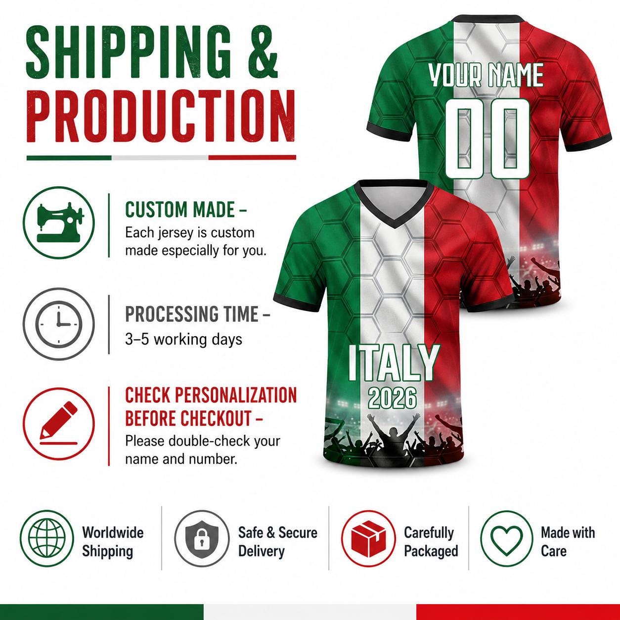 Custom Italy Soccer Jersey 2026 World Cup, Personalized Name Number Shirt for Men Women Kids, Italy Fan Apparel Gift | SK86