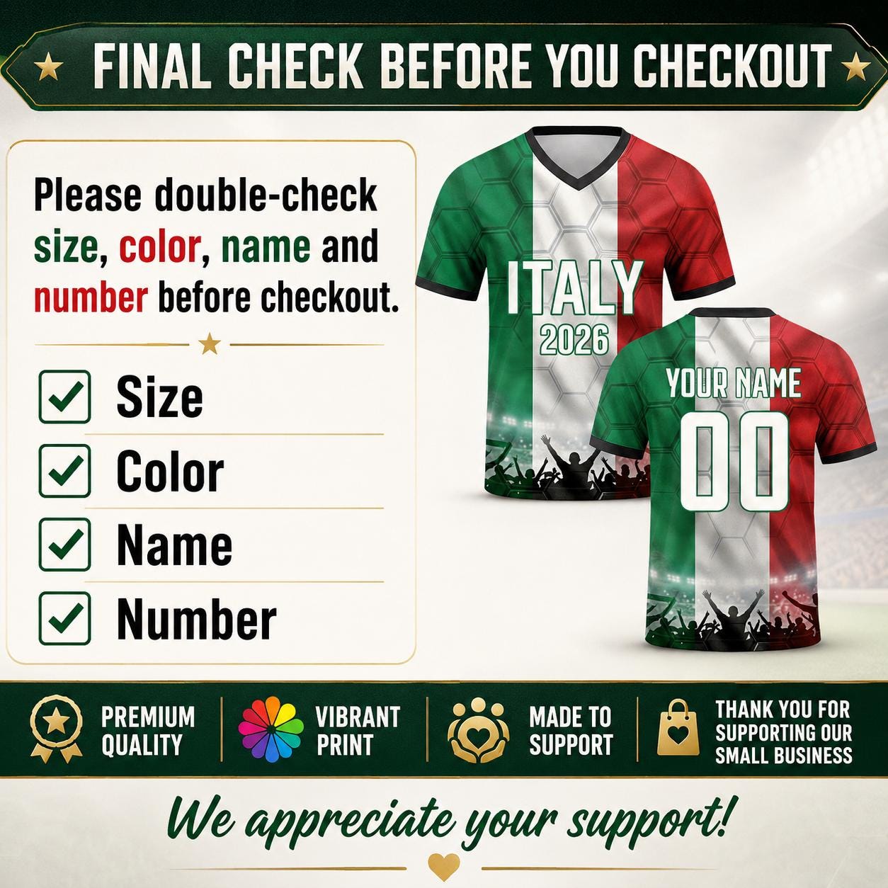 Custom Italy Soccer Jersey 2026 World Cup, Personalized Name Number Shirt for Men Women Kids, Italy Fan Apparel Gift | SK86