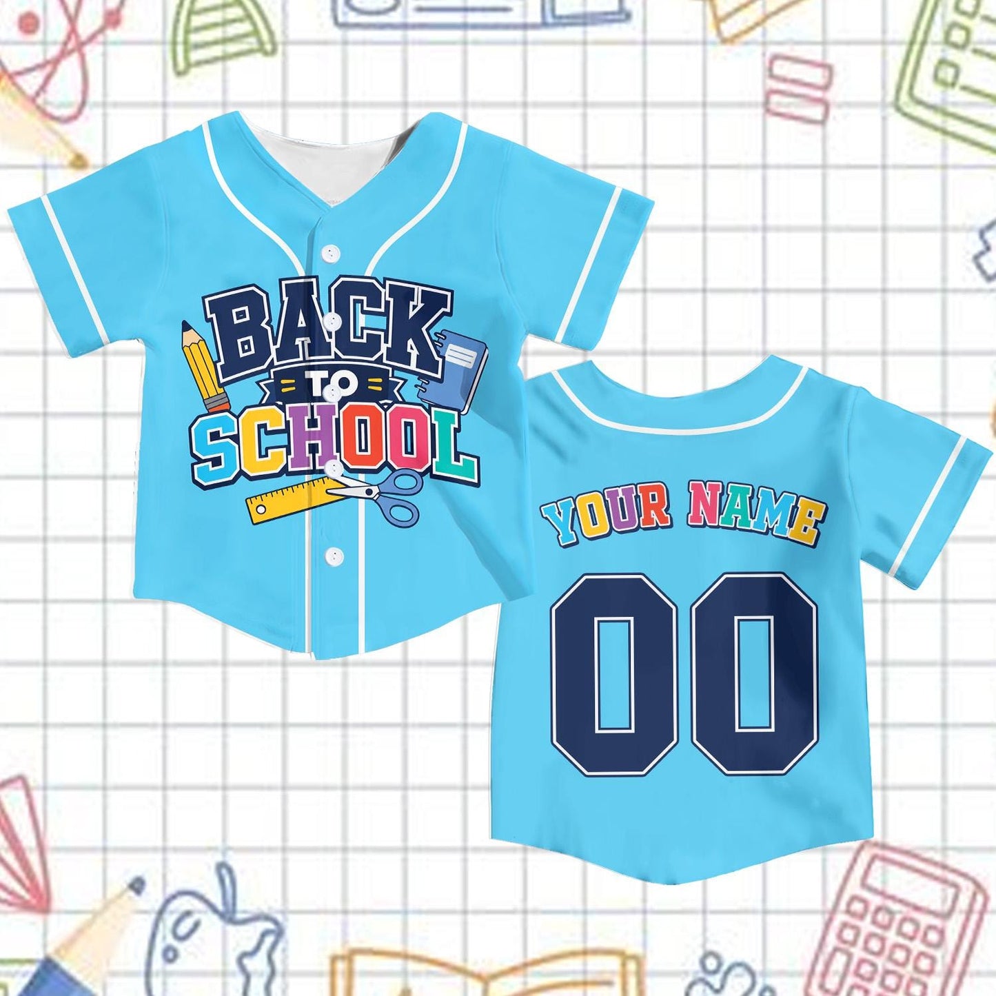 Personalized School Baseball Jersey for Kids Youth Adults, Back to School Theme, Custom Name and Number, Fun Classroom Gift | WJ90
