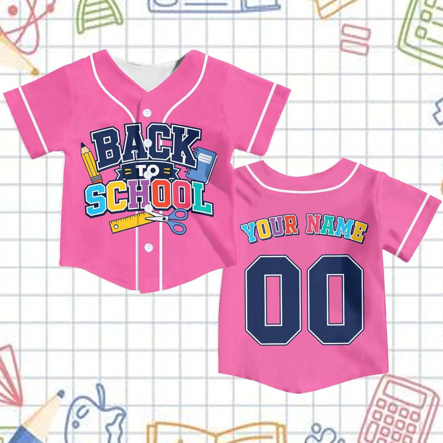 Personalized School Baseball Jersey for Kids Youth Adults, Back to School Theme, Custom Name and Number, Fun Classroom Gift | WJ90