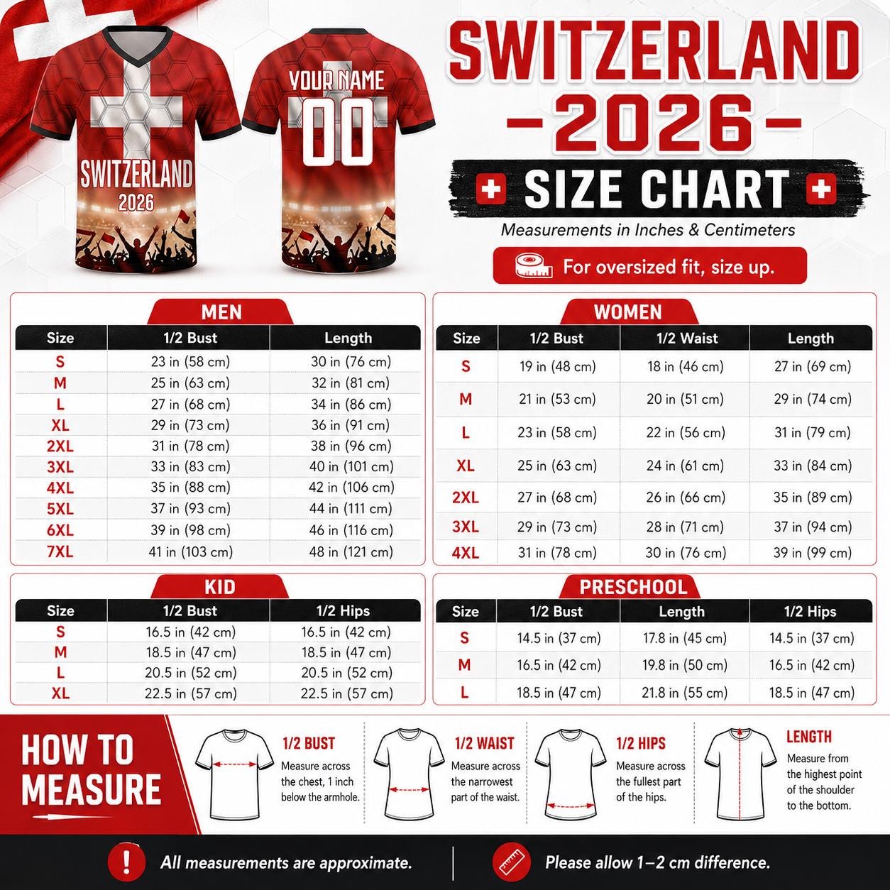 Custom Switzerland Soccer Jersey 2026 World Cup, Personalized Name Number Shirt for Men Women Kids, Switzerland Fan Apparel Gift | AZ96
