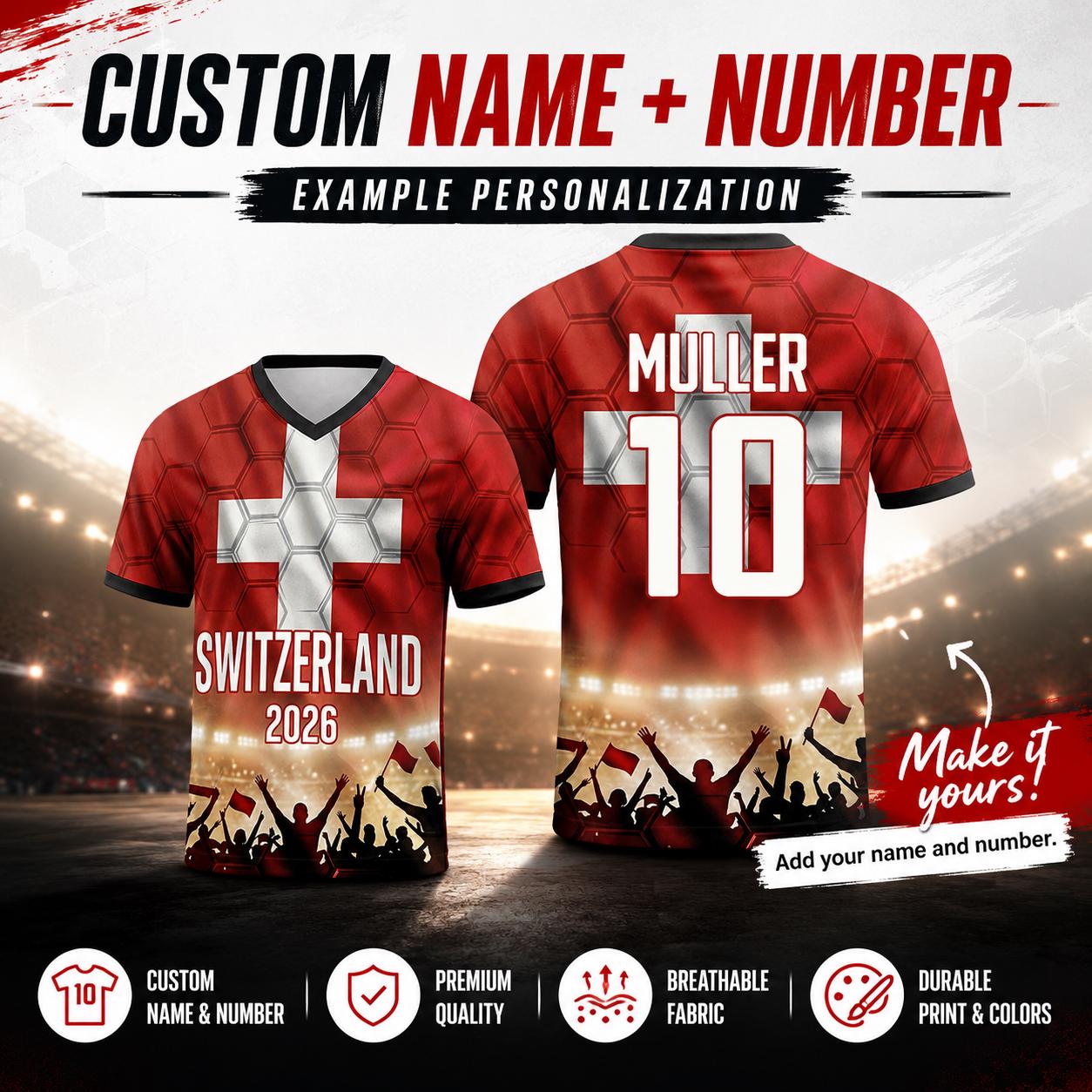 Custom Switzerland Soccer Jersey 2026 World Cup, Personalized Name Number Shirt for Men Women Kids, Switzerland Fan Apparel Gift | AZ96