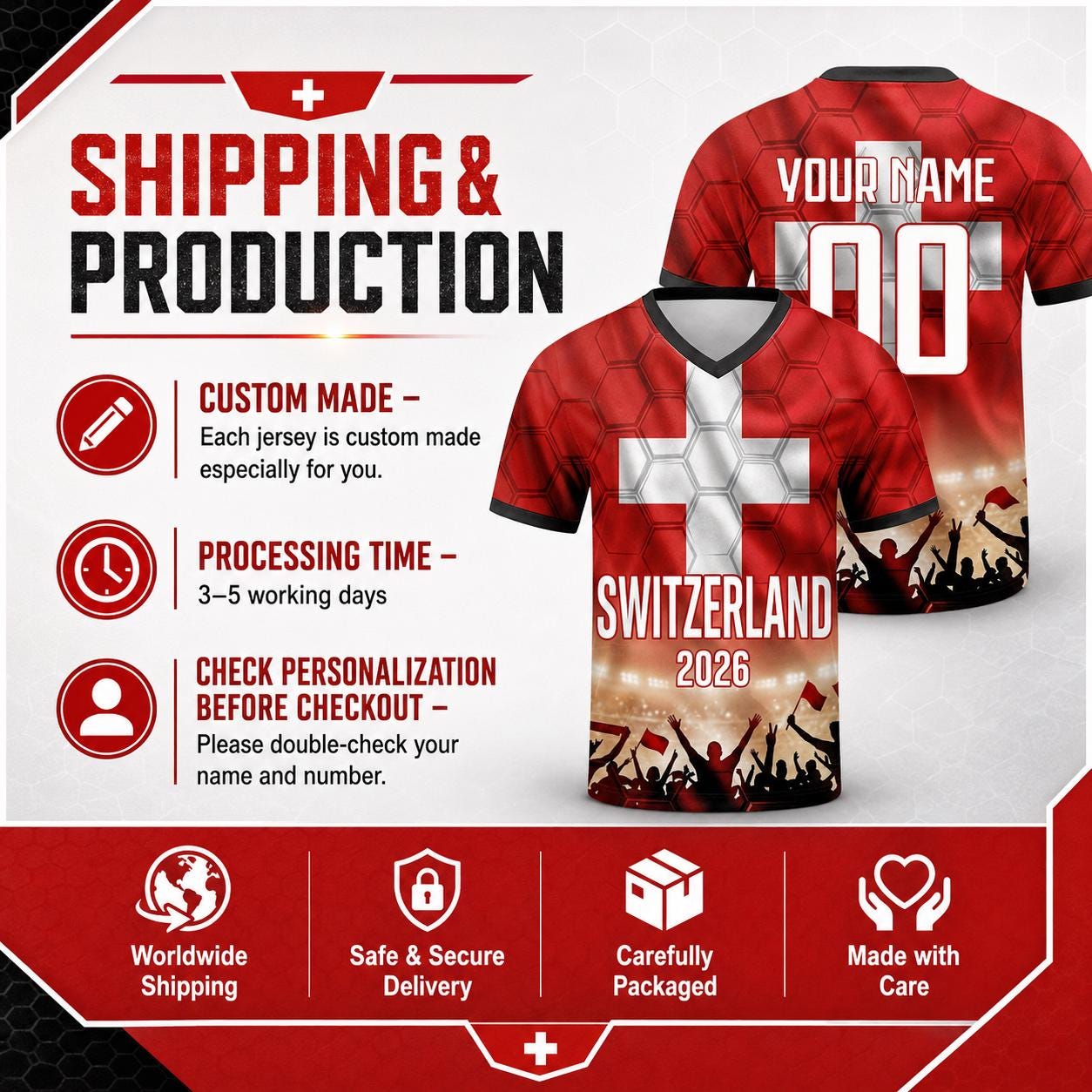 Custom Switzerland Soccer Jersey 2026 World Cup, Personalized Name Number Shirt for Men Women Kids, Switzerland Fan Apparel Gift | AZ96