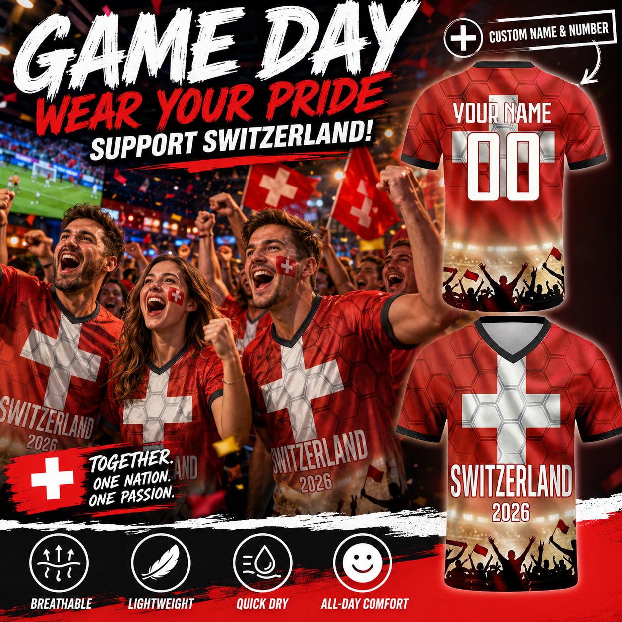 Custom Switzerland Soccer Jersey 2026 World Cup, Personalized Name Number Shirt for Men Women Kids, Switzerland Fan Apparel Gift | AZ96