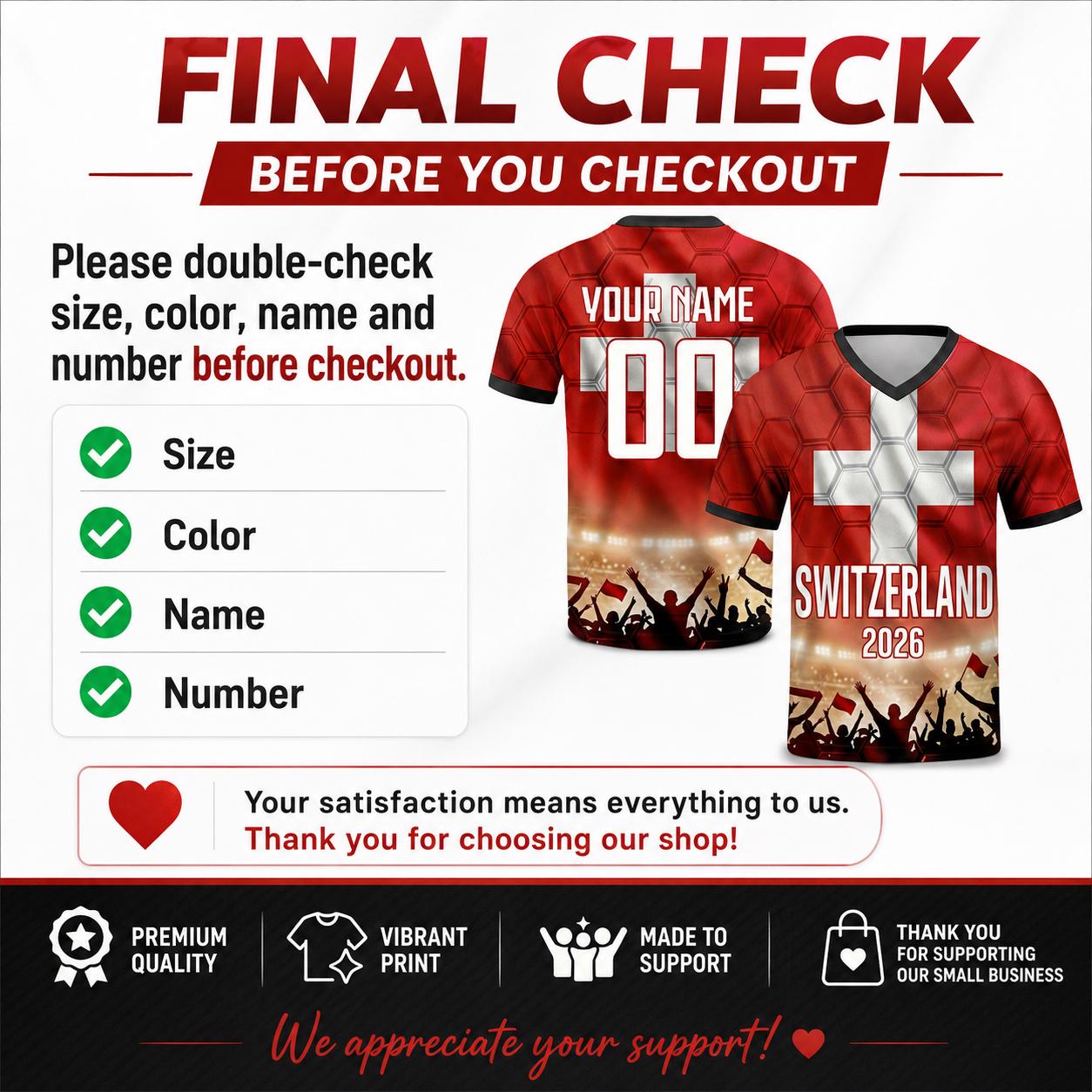 Custom Switzerland Soccer Jersey 2026 World Cup, Personalized Name Number Shirt for Men Women Kids, Switzerland Fan Apparel Gift | AZ96