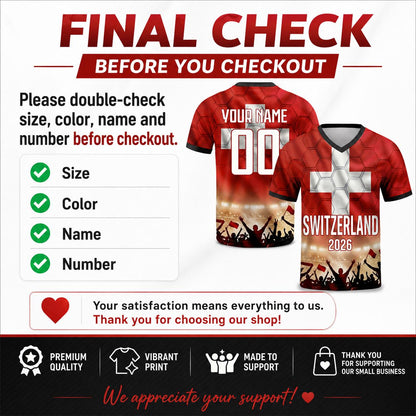 Custom Switzerland Soccer Jersey 2026 World Cup, Personalized Name Number Shirt for Men Women Kids, Switzerland Fan Apparel Gift | AZ96