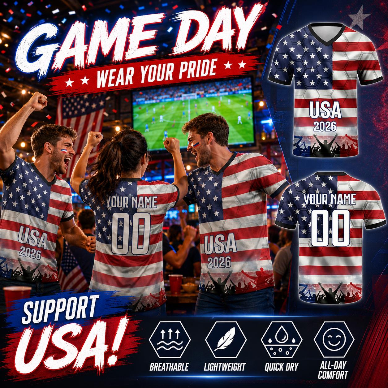 Custom USA Soccer Jersey 2026 World Cup, Personalized Name Number Shirt for Men Women Kids, USA Fan Apparel Gift | LR95