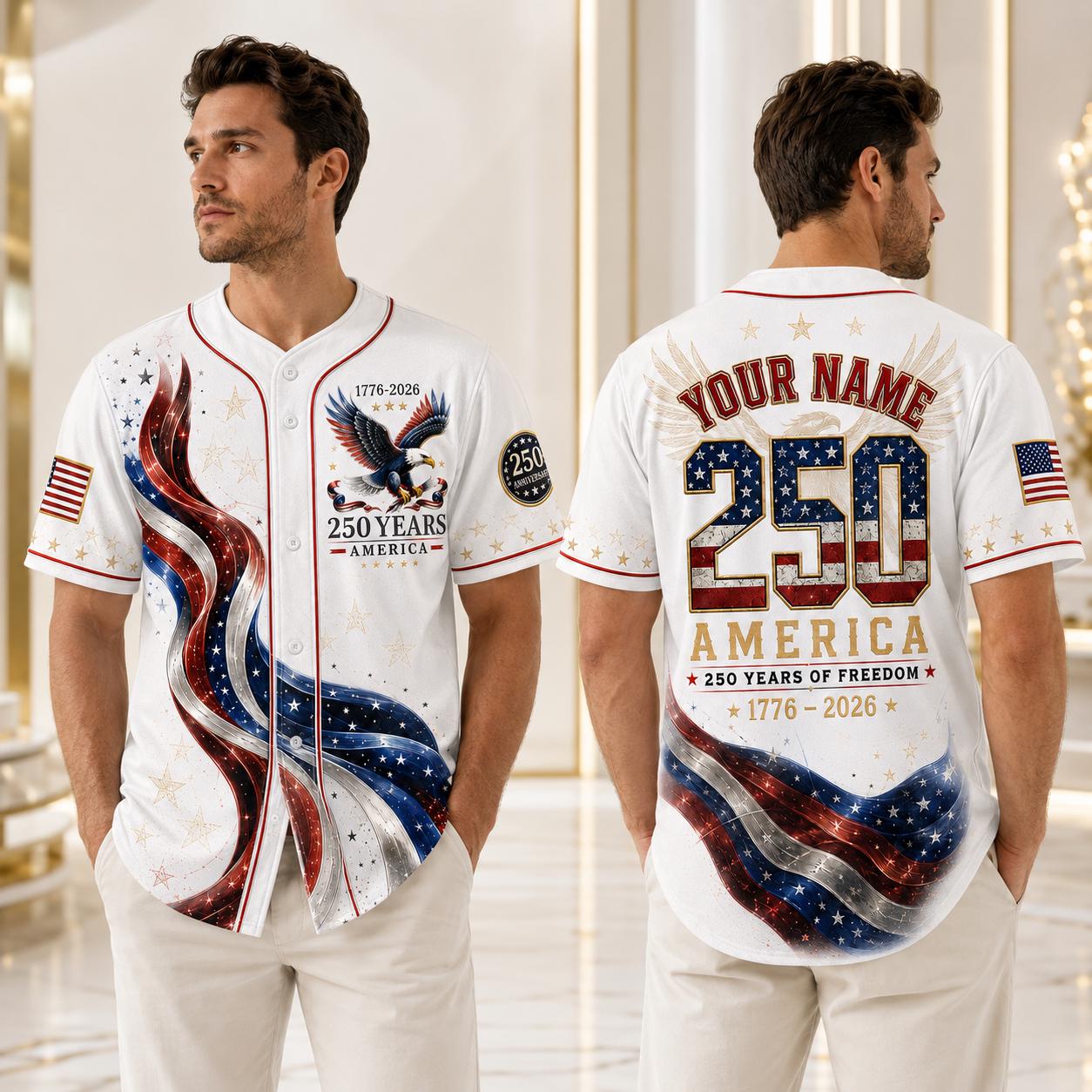 Personalized America 250 Years Baseball Jersey, USA 250th Anniversary Shirt, 1776 2026 Patriotic Jersey, 4th of July Custom Name Jersey | PU54