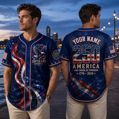 Personalized America 250 Years Baseball Jersey, USA 250th Anniversary Shirt, 1776 2026 Patriotic Jersey, 4th of July Custom Name Jersey | PU54