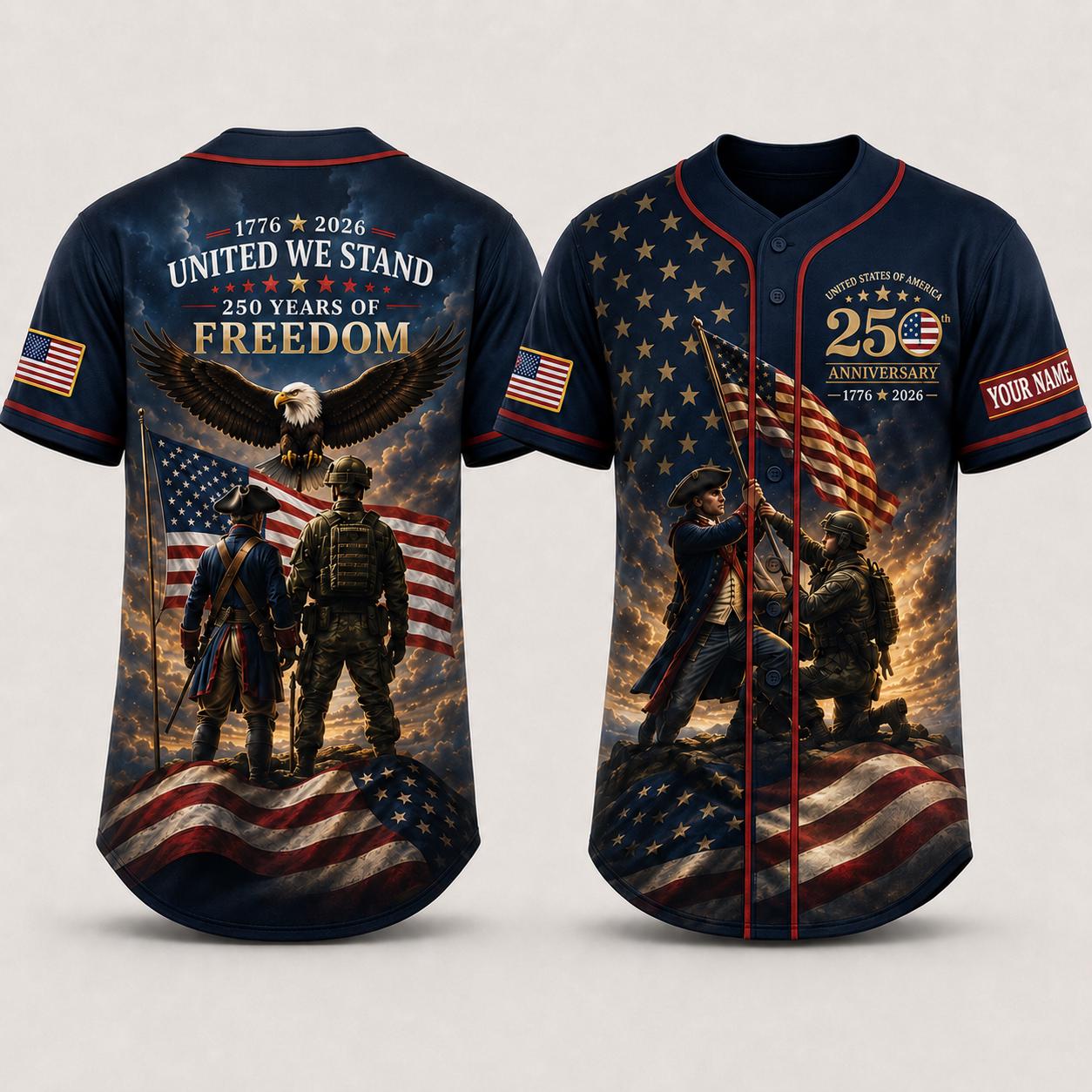 Custom Patriotic Baseball Jersey, United We Stand 250 Years of Freedom Shirt, Personalized USA Flag Eagle Jersey, 4th of July Veteran Gift | AC98