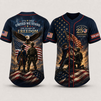 Custom Patriotic Baseball Jersey, United We Stand 250 Years of Freedom Shirt, Personalized USA Flag Eagle Jersey, 4th of July Veteran Gift | AC98