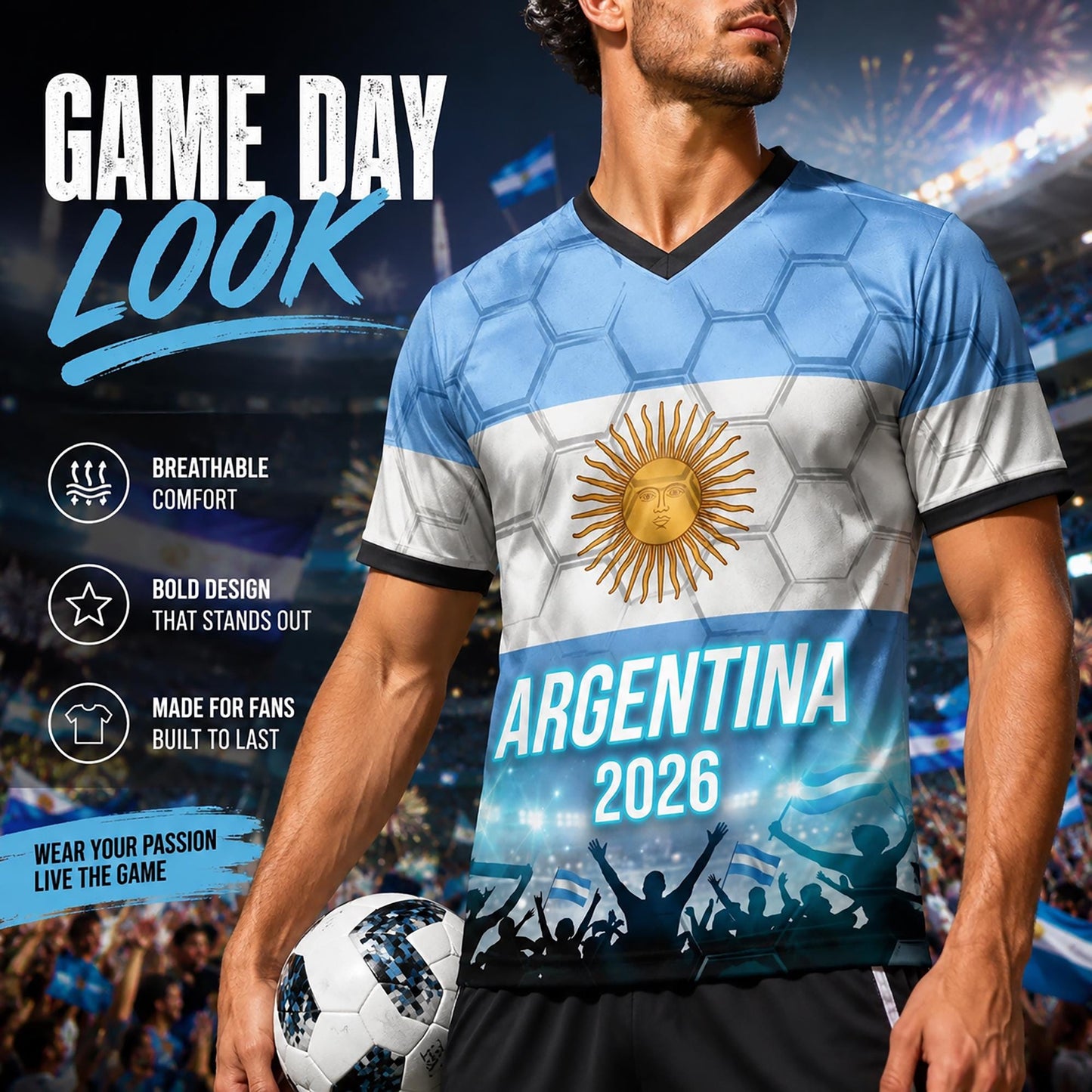 Custom Argentina Soccer Jersey 2026 World Cup, Personalized Name Number Shirt for Men Women Kids, Argentina Fan Apparel Gift | AR44