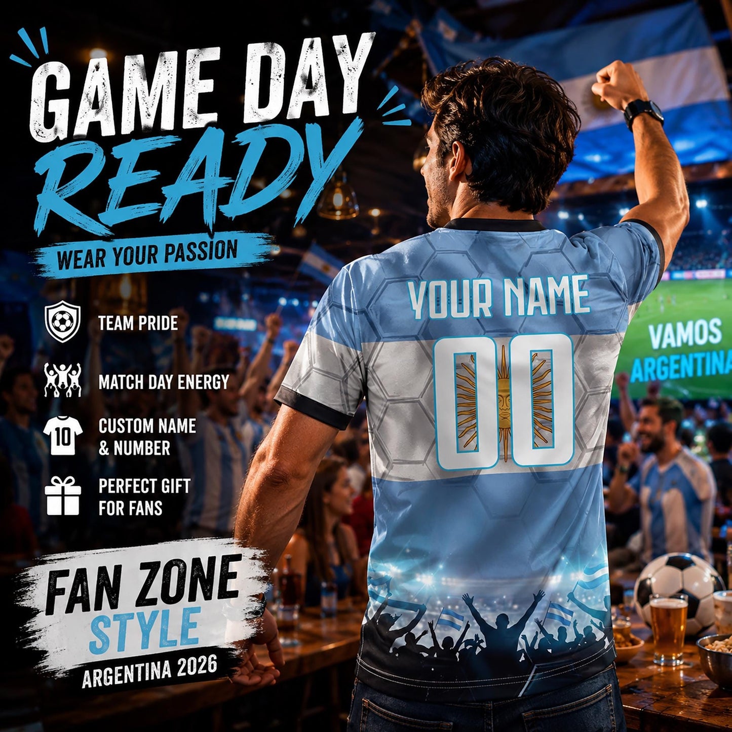 Custom Argentina Soccer Jersey 2026 World Cup, Personalized Name Number Shirt for Men Women Kids, Argentina Fan Apparel Gift | AR44