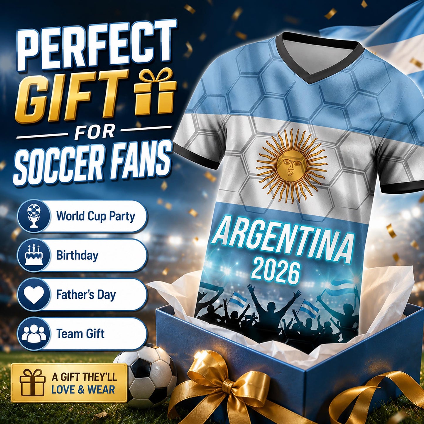 Custom Argentina Soccer Jersey 2026 World Cup, Personalized Name Number Shirt for Men Women Kids, Argentina Fan Apparel Gift | AR44