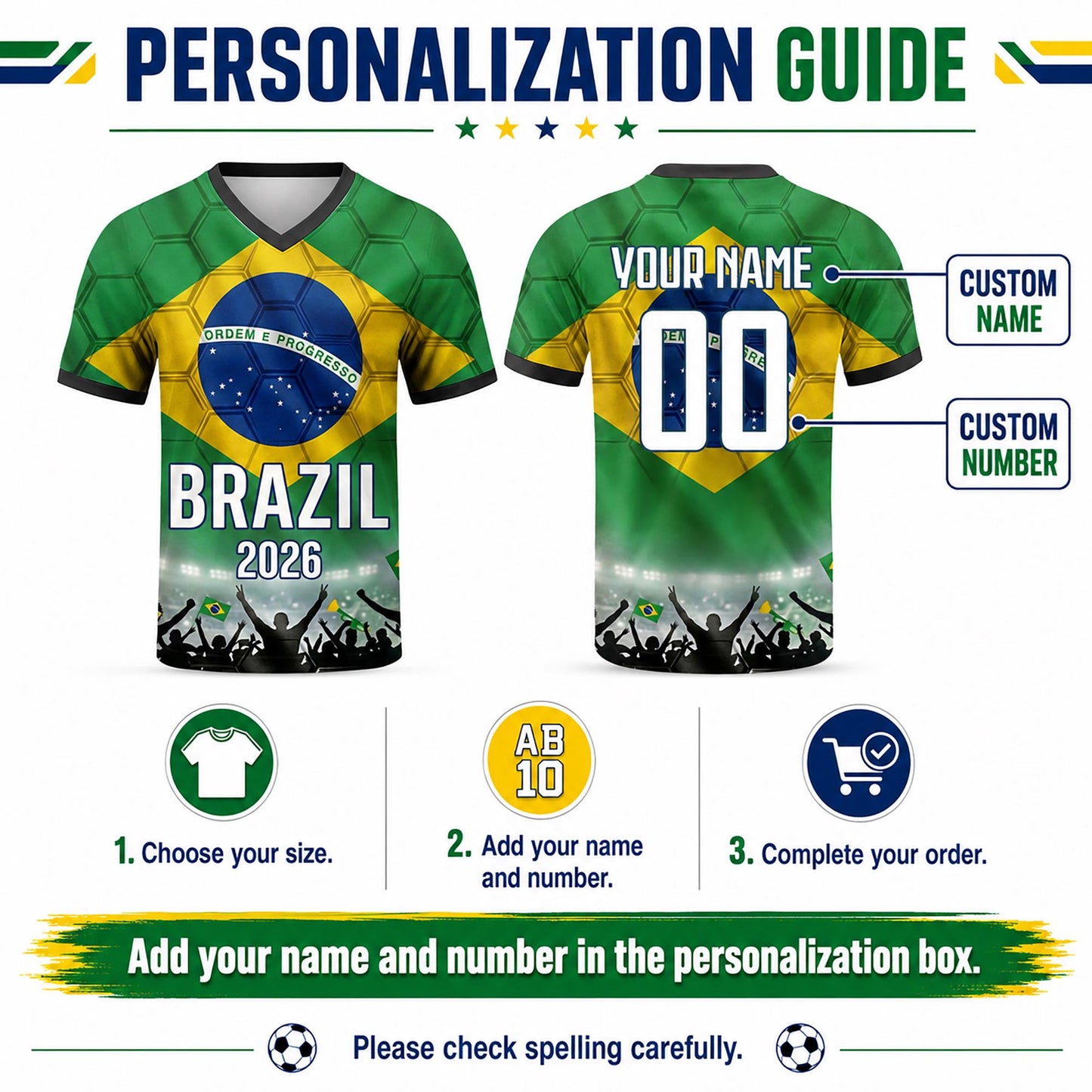 Custom Brazil Soccer Jersey 2026 World Cup, Personalized Name Number Shirt for Men Women Kids, Brazil Fan Apparel Gift | BX91