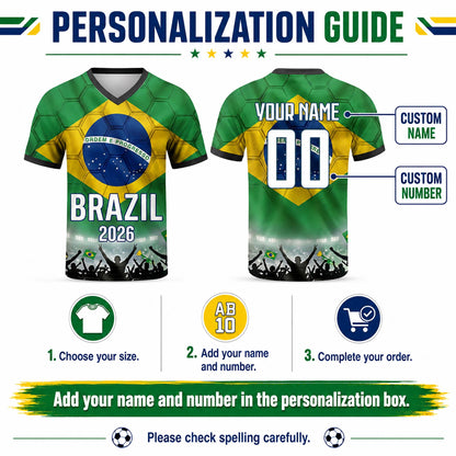 Custom Brazil Soccer Jersey 2026 World Cup, Personalized Name Number Shirt for Men Women Kids, Brazil Fan Apparel Gift | BX91