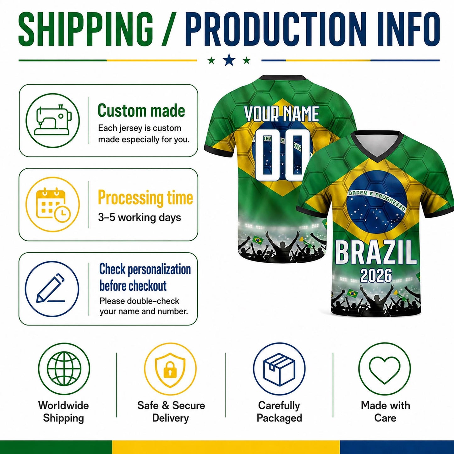 Custom Brazil Soccer Jersey 2026 World Cup, Personalized Name Number Shirt for Men Women Kids, Brazil Fan Apparel Gift | BX91